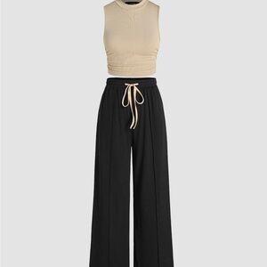 Cider Black Wide-Leg Pants with Tan Drawstring